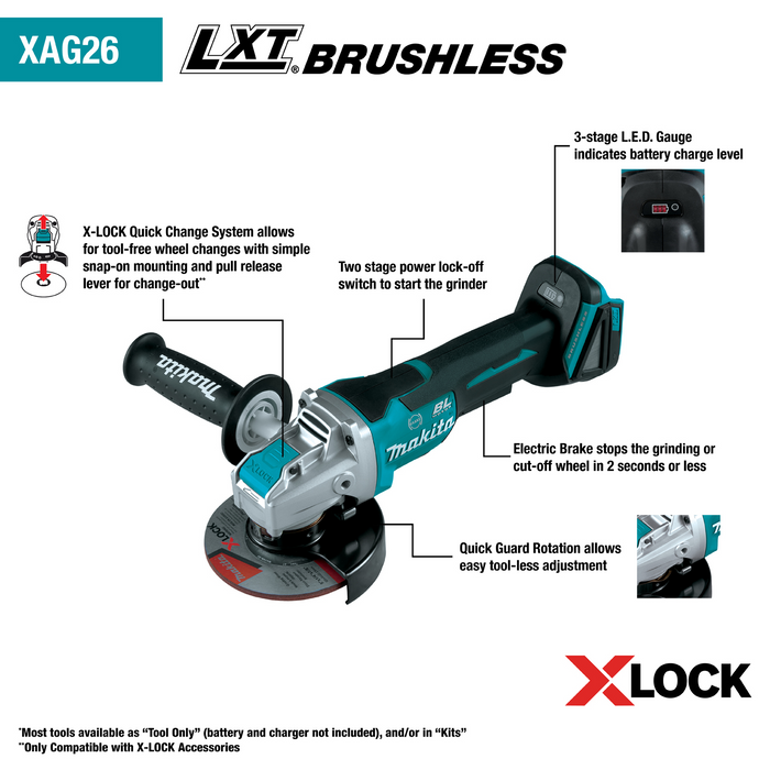 Makita 18V LXT Lithium-Ion Brushless Cordless 4-1/2 In. / 5 In. Paddle Switch X-LOCK Angle Grinder (Bare Tool)