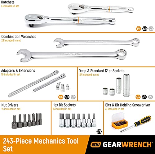 GEARWRENCH 243-Piece 12 Point Mechanics Tool Set in 3 Drawer Storage Box