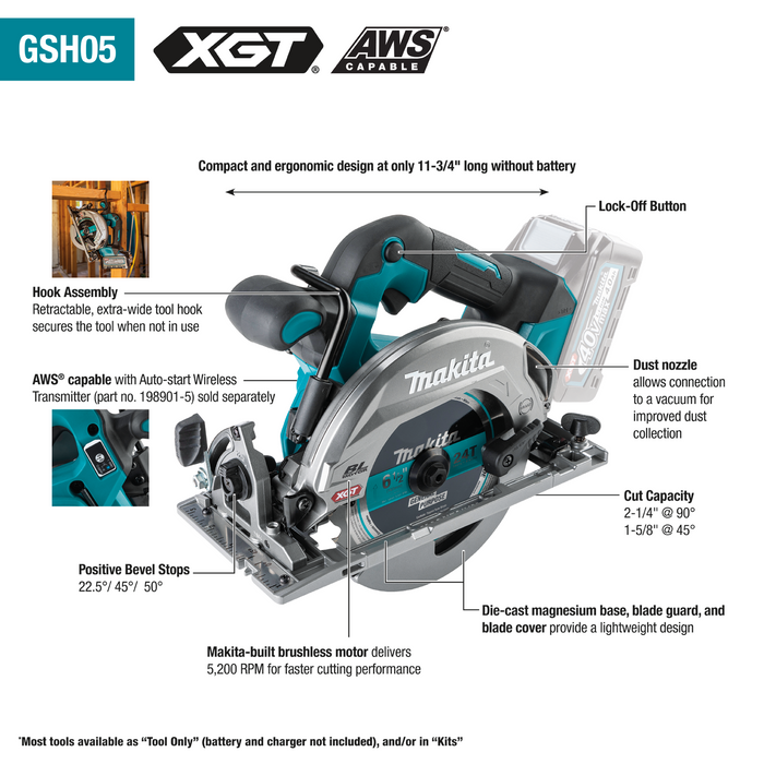 Makita (GSH05M1) 40V MAX XGT Brushless Cordless 6‑1/2" Circular Saw Kit, AWS Capable (4.0Ah)