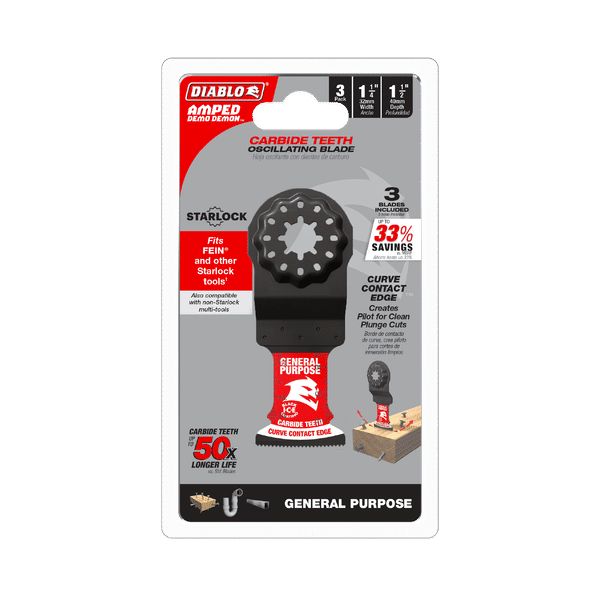 Diablo DOS125CGP3 1-1/4"(w) x 1-1/2"(d) AMPED Demo Demon Starlock Carbide Teeth Oscillating Blade for General Purpose Cuts (3-pk)
