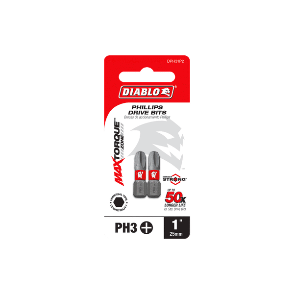 Diablo DPH31P2 Phillips Drive Bits for Impact Drivers - Max Durability, Anti-Slip Grip, Rust Protection - 1/4" Hex Shank, 1" Length, PH3 (Pack of 2)