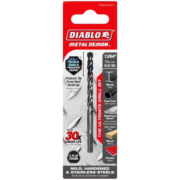 Diablo DMD1364JP1 Metal Demon Drill Bits for Mild, Hardened and Stainless Steels, 13/64-Inch Diameter, 3-Flats Shank, 3.4-Inch Length