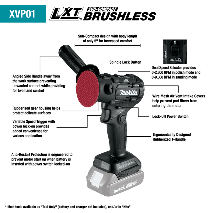 Makita 18V LXT Lithium‑Ion Sub‑Compact Brushless Cordless 3 In. Polisher / 2 In. Sander (Bare Tool)
