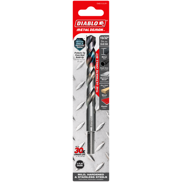 Diablo DMD1532JP1 Metal Demon Drill Bits for Mild, Hardened and Stainless Steels, 15/32-Inch Diameter, 3-Flats Reduced Shank, 5.9-Inch Length
