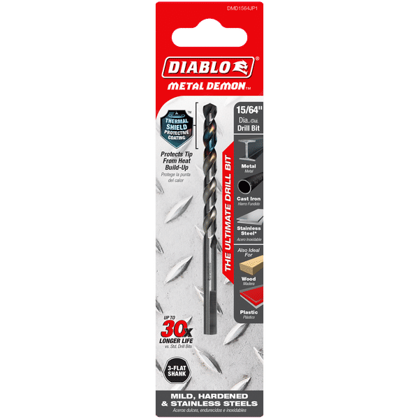 Diablo DMD1564JP1 Metal Demon Drill Bits for Mild, Hardened and Stainless Steels, 15/64-Inch Diameter, 3-Flats Shank, 3.7-Inch Length