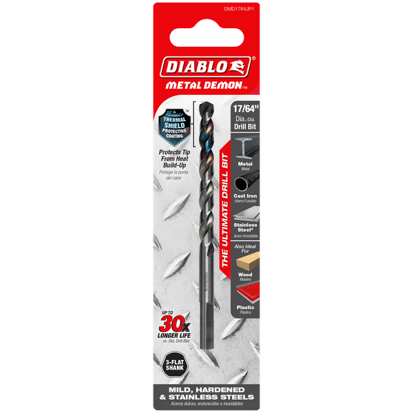 Diablo DMD1764JP1 Metal Demon Drill Bit with Thermal Shield Protective Coating for Mild, Hardened and Stainless Steel - 4.3" Length, 17/64" Dia., 3-Flats Shank