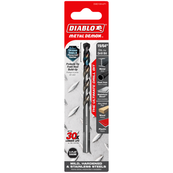 Diablo DMD1964JP1 Metal Demon Drill Bits for Mild, Hardened and Stainless Steels, 19/64-Inch Diameter, 3-Flats Shank, 4.6-Inch Length