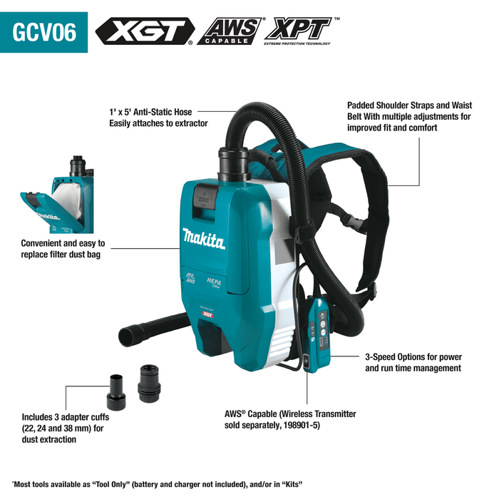 Makita GCV06Z 40V max XGT Brushless Cordless 1/2 Gallon HEPA Filter Backpack Dry Dust Extractor, AWS Capable, Tool Only