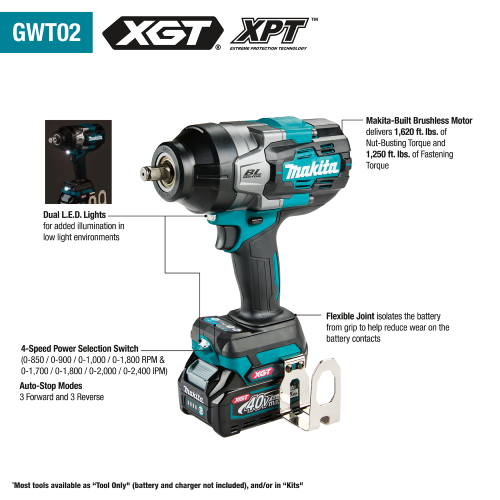 Makita (GWT02Z) 40V max XGT Brushless Cordless 4‑Speed High‑Torque 1/2" Sq. Drive Impact Wrench w/ Friction Ring Anvil, Tool Only