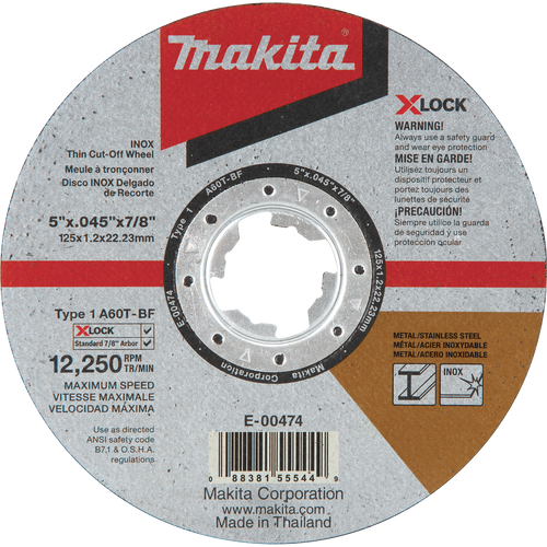 Makita E-00474 X-Lock Type 1 General Purpose 60 Grit Thin Cut Off Wheel for Metal and Stainless Steel Cutting, 5" x .045" x 7/8"