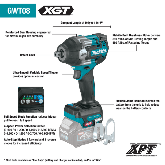 Makita 40V Max XGT Brushless Cordless 4‑Speed Mid‑Torque 1/2" Sq. Drive Impact Wrench w/ Detent Anvil (Bare Tool)