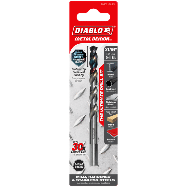 Diablo DMD2164JP1 Metal Demon Drill Bits for Mild, Hardened and Stainless Steels, 21/64-Inch Diameter, 3-Flats Shank, 4.6-Inch Length