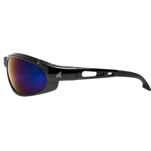 Edge SW118 Dakura Wrap-Around Safety Glasses, Anti-Scratch, Non-Slip, UV 400, Military Grade, ANSI/ISEA & MCEPS Compliant, 5.04" Wide, Black Frame / Blue Mirror Lens