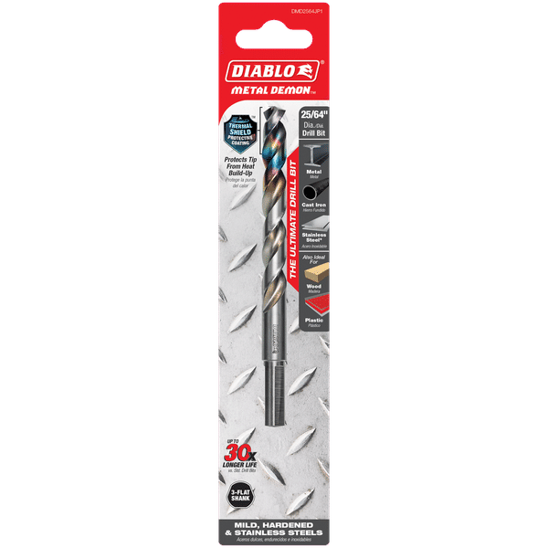 Diablo DMD2564JP1 Metal Demon Drill Bits for Mild, Hardened and Stainless Steels, 25/64-Inch Diameter, 3-Flats Shank, 5.2-Inch Length