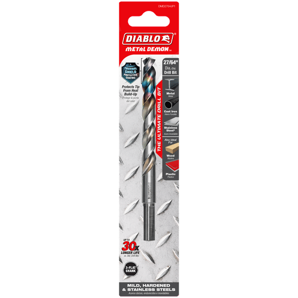 Diablo DMD2764JP1 Metal Demon Drill Bit with Thermal Shield Protective Coating for Mild, Hardened and Stainless Steel - 5.6" Length, 27/64" Dia., 3-Flats Reduced Shank