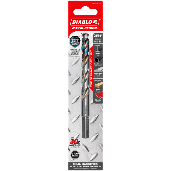 Diablo DMD2964JP1 Metal Demon Drill Bits for Mild, Hardened and Stainless Steels - 29/64-Inch Diameter, 3-Flats Reduced Shank, 5.6-Inch Length