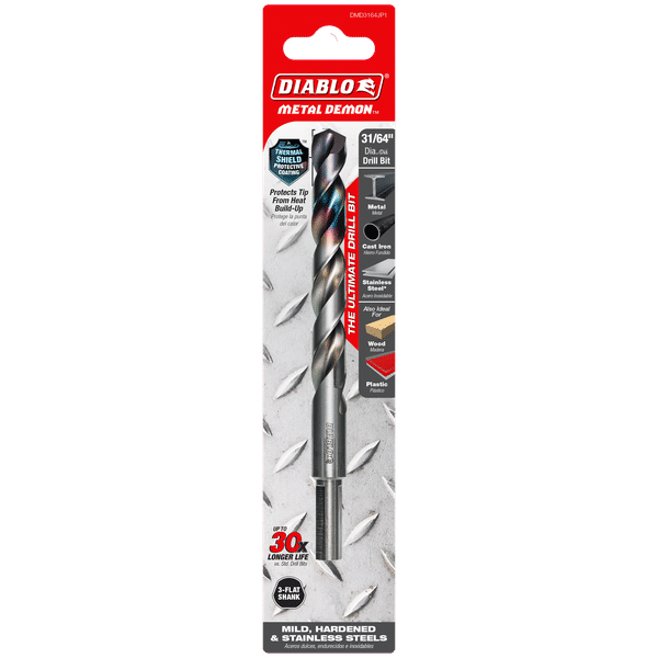 Diablo DMD3164JP1 Metal Demon Drill Bits for Mild, Hardened and Stainless Steels, 31/64-Inch Diameter, 3-Flats Reduced Shank, 5.9-Inch Length