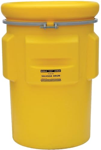 Eagle 95 Gallon Plastic Drum with Lid, Metal Bolt Ring, 44.4"x31", Salvage Drum Made of Durable, Lightweight HDPE, Withstands Weather and Chemicals, Made in USA, Yellow, 1695