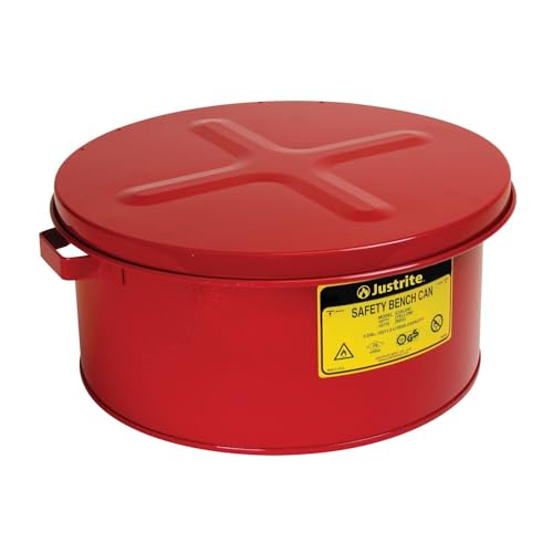 Justrite 10775 3 Gallon, 6" H, 13 1/2" O.D, 12 1/8" Diameter 24 Gauge Premium Coated Steel Bench Can, Red