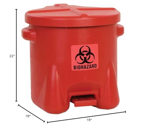 Eagle 10 Gallon Biohazard Trash Can with Foot-Operated Self-Closing Lid, 22" x 18" x 18", Made in The USA from High-Density Polyethylene, Red, 945BIO