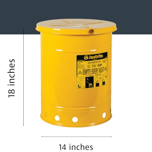 Justrite 10 Gallon Galvanized Steel Oily Waste Can, 18" x 14" Metal Oil Rag Safety Can with Hand Operated Self-Closing Lid for Oil Rag Disposal, Made in The USA, Yellow, 09311