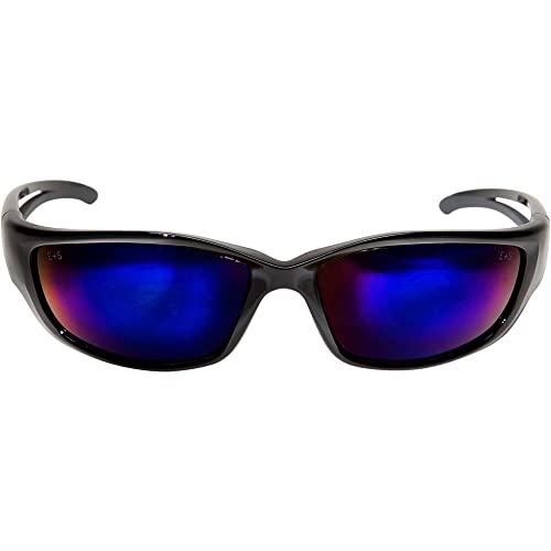 Edge SK-XL118 Kazbek XL Wrap-Around Safety Glasses, Anti-Scratch, Non-Slip, UV 400, Military Grade, ANSI/ISEA & MCEPS Compliant, XL Wide Fit, Black Frame/Blue Mirror Lens