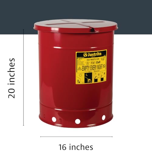 Justrite 14 Gallon Galvanized Steel Oily Waste Can, 20" x 16" Metal Oil Rag Safety Can with Hand Operated Self-Closing Lid for Oil Rag Disposal, Made in The USA, Red, 09510