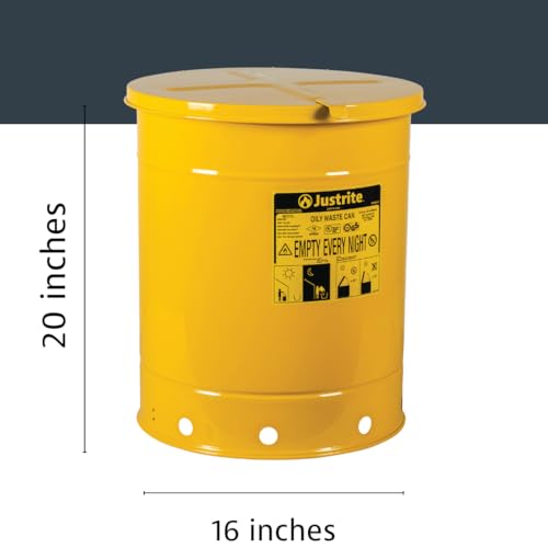 Justrite 14 Gallon Galvanized Steel Oily Waste Can, 20" x 16" Metal Oil Rag Safety Can with Hand Operated Self-Closing Lid for Oil Rag Disposal, Made in The USA, Yellow, 09511