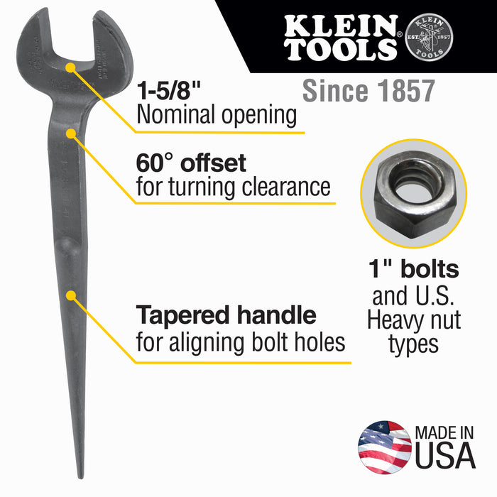 Klein Tools 3214 Spud Wrench, 1-5/8-Inch Nominal Opening, 1-Inch Bolt for U.S. Heavy Nut, Made in USA