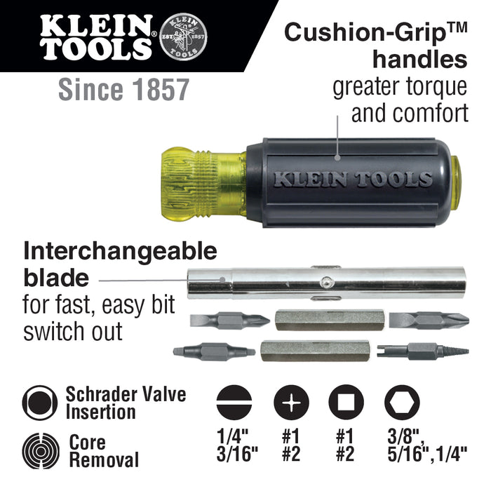 Klein Tools 32527 Multi-Bit Screwdriver / Nut Driver, 11-in-1, Ph, Sl, Sq, Schrader Bits