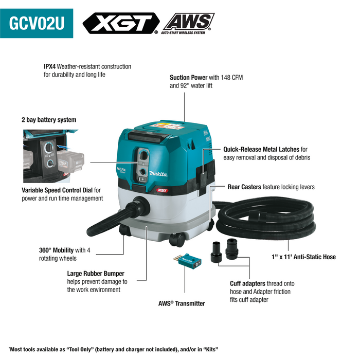 Makita 40V Max XGT Brushless Cordless 2.1 Gallon HEPA Filter Dry Dust Extractor Kit, AWS (4.0Ah)