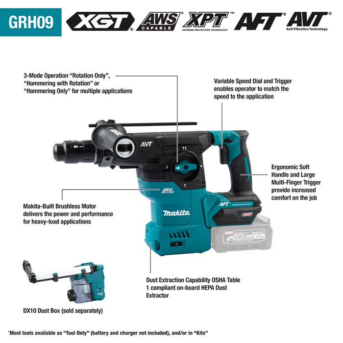 Makita GRH09M1 40V max XGT Brushless Cordless 1‑3/16" SDS‑PLUS AVT Rotary Hammer Kit, with Interchangeable Chuck, AWS Capable (4.0Ah)