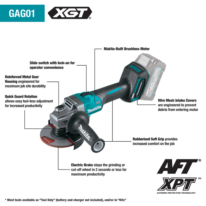 MAKITA 40V Max XGT GAG01M1 Brushless Cordless 4‑1/2” / 5" Angle Grinder Kit, with Electric Brake (4.0Ah)