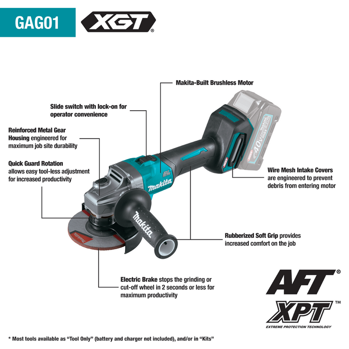 MAKITA 40V Max XGT Brushless Cordless 4‑1/2” / 5" Angle Grinder Kit, with Electric Brake (4.0Ah)