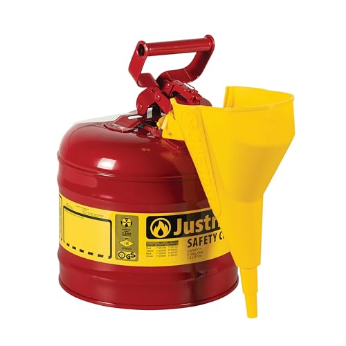 Justrite 2 Gallon Type I Red Safety Gas Can for Gasoline with Flame Arrester, Self-Closing Lid, and Funnel, Made in the USA, Galvanized Steel Flammable Storage Can, 7120110