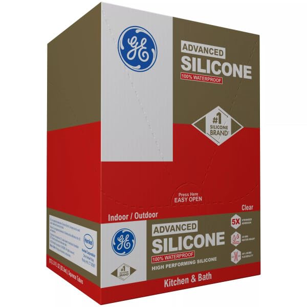 GE Advanced Silicone Caulk for Kitchen & Bathroom, Clear, 2.8 fl oz Tube, 100% Waterproof Silicone Sealant, 5X Stronger Adhesion, Shrink & Crack Proof (Pack of 12)