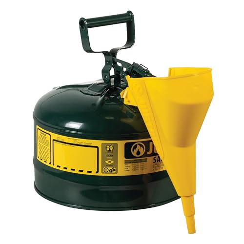Justrite 2.5 Gallon Type I Green Safety Can for Oil with Flame Arrester, Self-Closing Lid, and Funnel, Made in The USA, Galvanized Steel Flammable Storage Can, 7125410
