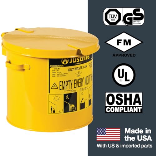 Justrite 2 Gallon Galvanized Steel Countertop Oily Waste Can, 9" x 9.6" Metal Oil Rag Safety Can with Hand Operated Self-Closing Lid for Oil Rag Disposal, Made in The USA, Yellow, 09200Y