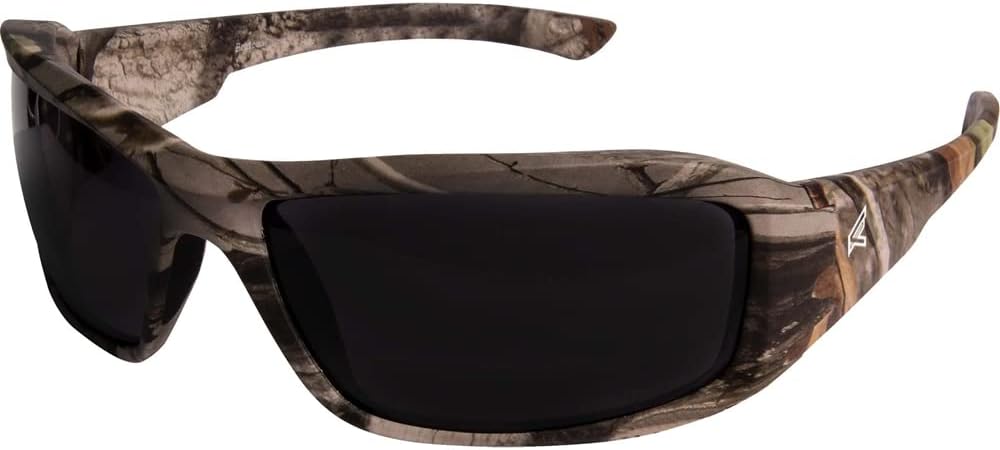 Edge TXB216CF Brazeau Polarized Wrap-Around Safety Glasses, Anti-Scratch, Non-Slip, UV 400, Military Grade, ANSI/ISEA & MCEPS Compliant, 5.04" Wide, Forest Camo Frame/Smoke Lens