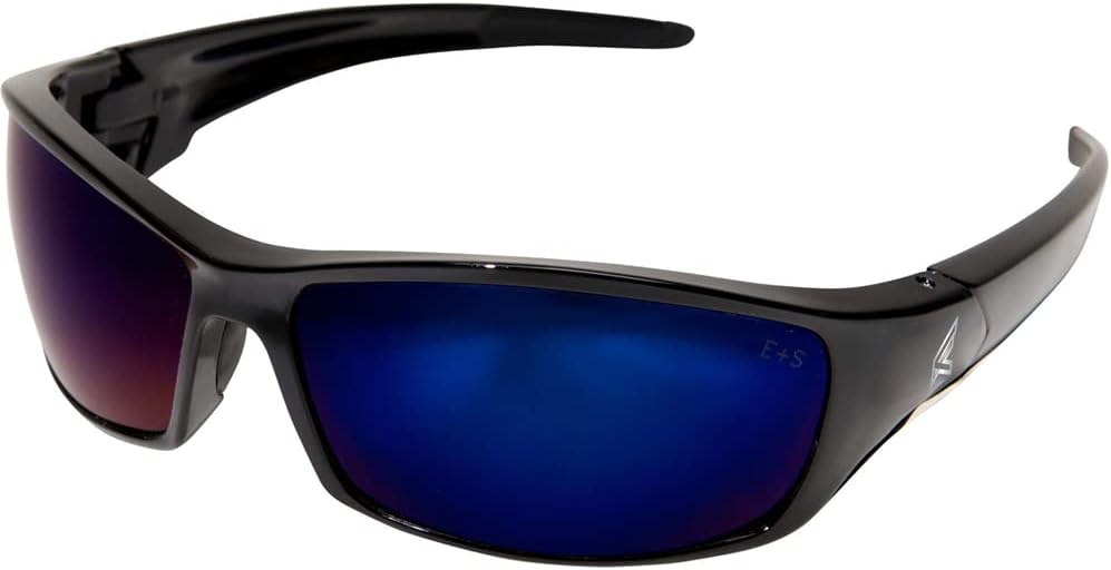 Edge TSRAP218 Reclus Polarized Wrap-Around Safety Glasses, Anti-Scratch, Non-Slip, UV 400, Military Grade, ANSI/ISEA & MCEPS Compliant, 5.04" Wide, Black Frame/Aqua Precision Blue Mirror Lens