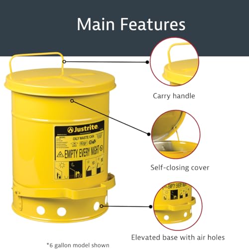 Justrite 6 Gallon Galvanized Steel Oily Waste Can, 16" x 12" Metal Oil Rag Safety Can With Foot Operated Self-Closing Lid for Oil Rag Disposal, Made in the USA, Yellow, 09101