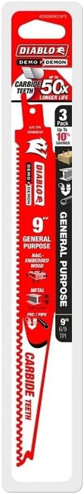 Diablo (DS0909CGP3) Demo Demon Carbide Teeth Reciprocating Saw Blades for General Purpose Cuts - 9" Length, 6/9 TPI (Pack of 3)