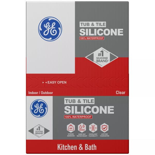 GE Tub and Tile Silicone Caulk for Kitchen and Bathroom, 100% Waterproof Silicone Paste, Excellent Flexibility, Shrink and Crack Resistant, 10oz Cartridge, Clear (Pack of 12)