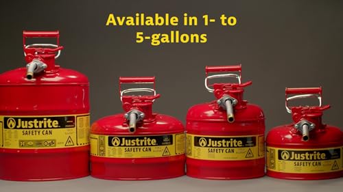 Justrite 5 Gallon Type II Red Safety Gas Can for Gasoline with Flame Arrester, Self-Closing Lid, and 1" Flexible Metal Spout, Made in the USA, Galvanized Steel Flammable Storage Can, 7250130