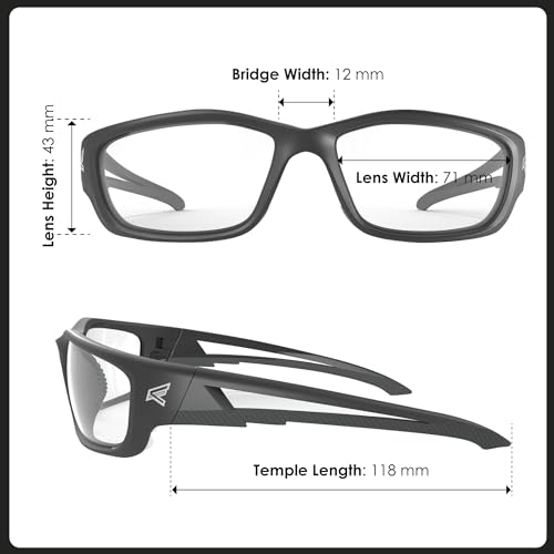 EDGE SK-XL111VS Kazbek XL Wrap-Around Safety Glasses, Anti-Scratch, Non-Slip, UV 400, Military Grade, ANSI/ISEA & MCEPS Compliant, XL Wide Fit, Black Frame/Clear Lens