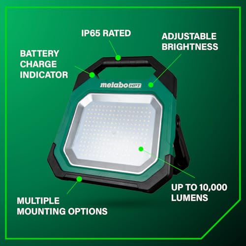 Metabo HPT 18V MultiVolt Cordless 10,000 Lumen LED Work Light, 15 Settings Adjustable Brightness, Portable Work Light with USB Charging Port, Water & Dust Resistant, Tool Body Only, UB18DDQ4