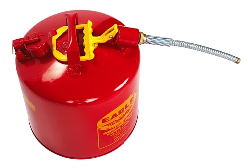 Eagle 5 Gallon Type II Red Safety Gas Can for Gasoline with Flame Arrester, Self-Closing Lid, and 12" x 5/8" Flexible Metal Hose, Made in the USA, Galvanized Steel Flammable Storage Can, U251SX5