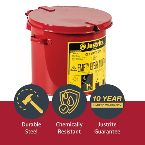 Justrite 2 Gallon Galvanized Steel Countertop Oily Waste Can, 9" x 9.6" Metal Oil Rag Safety Can with Hand Operated Self-Closing Lid for Oil Rag Disposal, Made in The USA, Red, 09200