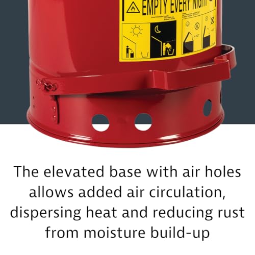 Justrite 6 Gallon Galvanized Steel Oily Waste Can, 16" x 12" Metal Oil Rag Safety Can With Foot Operated Self-Closing Lid for Oil Rag Disposal, Made in the USA, Red, 09100