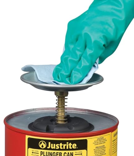 Justrite 10108 Plunger Can for Solvents, 1 Quart Capacity, 5.6" x 7.25" Steel Push-Down Solvent Dispenser Can, Made in the USA